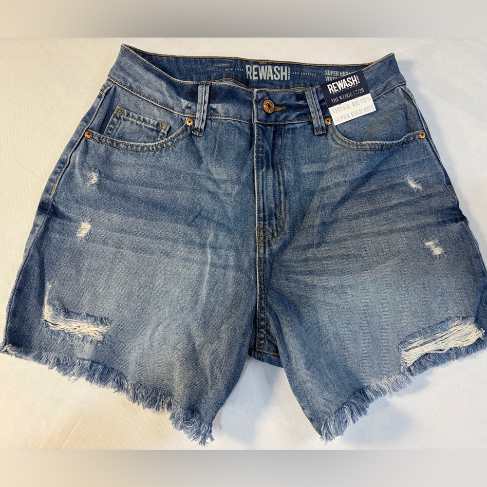 REWASH Super High Rise Vintage Reunion Women's Jean Denim Shorts 7/28 Fray Hem